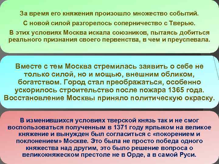 За время его княжения произошло множество событий. С новой силой разгорелось соперничество с Тверью.