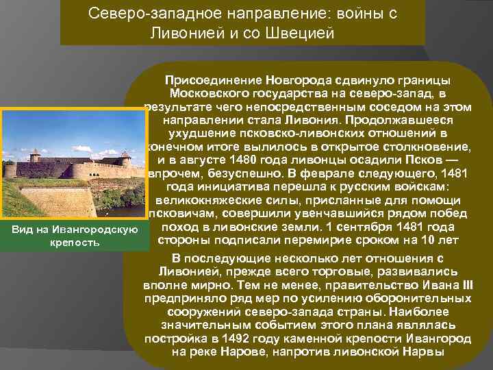 Северо-западное направление: войны с Ливонией и со Швецией Присоединение Новгорода сдвинуло границы Московского государства