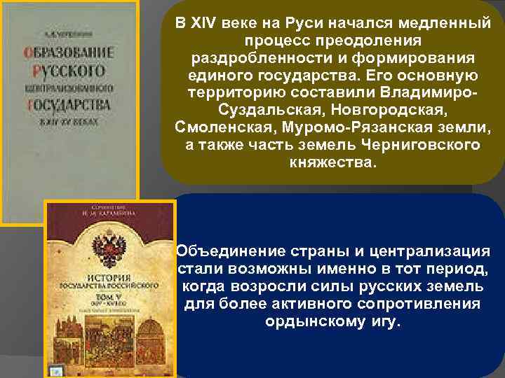 В XIV веке на Руси начался медленный процесс преодоления раздробленности и формирования единого государства.