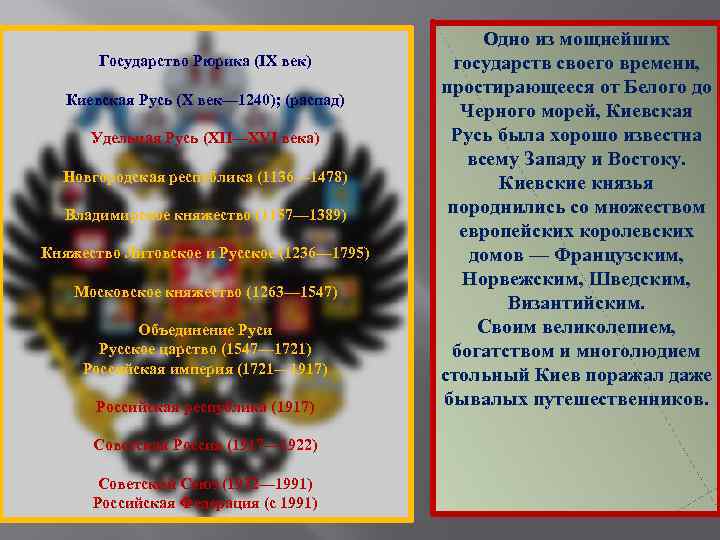 Государство Рюрика (IX век) Киевская Русь (X век— 1240); (распад) Удельная Русь (XII—XVI века)