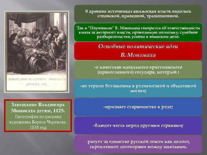 В древних источниках княжеская власть виделась отцовской, праведной, традиционной. Так в “Поучениях” В. Мономаха