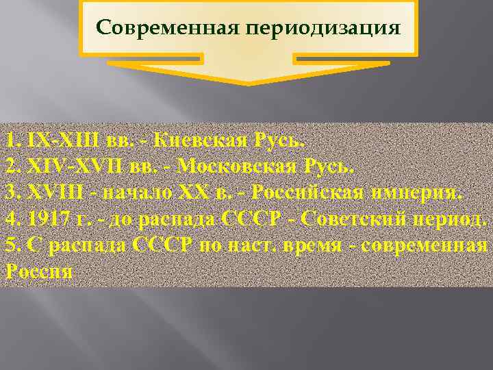Современная периодизация 1. IX-XIII вв. - Киевская Русь. 2. XIV-XVII вв. - Московская Русь.