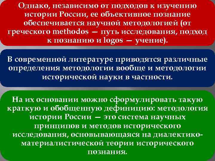 Однако, независимо от подходов к изучению истории России, ее объективное познание обеспечивается научной методологией
