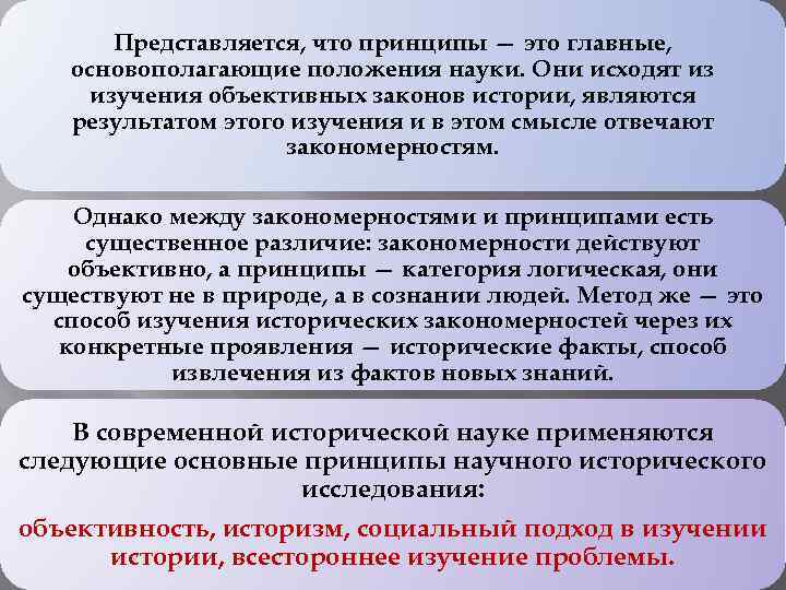 Представляется, что принципы — это главные, основополагающие положения науки. Они исходят из изучения объективных
