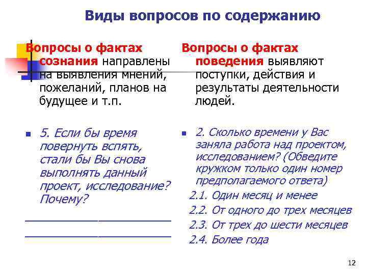 Виды вопросов по содержанию Вопросы о фактах сознания направлены поведения выявляют на выявления мнений,