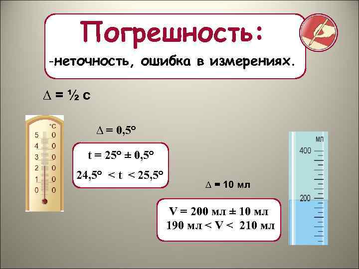 Погрешность: -неточность, ошибка в измерениях. ∆=½с ∆ = 0, 5° t = 25° ±