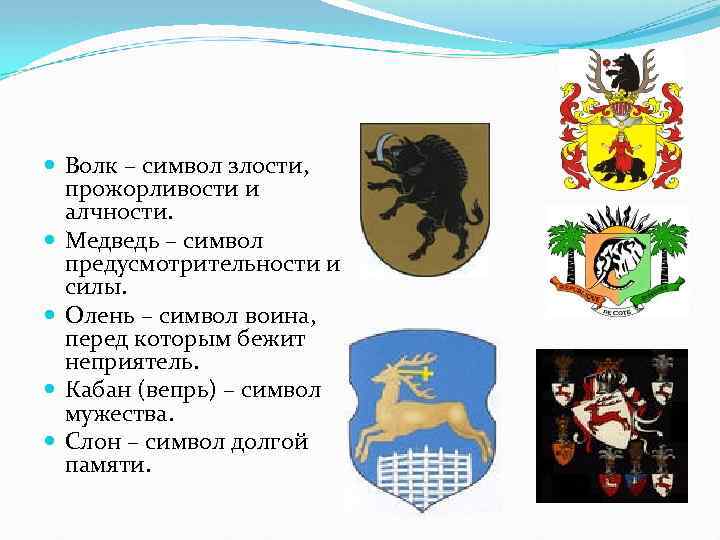  Волк – символ злости, прожорливости и алчности. Медведь – символ предусмотрительности и силы.