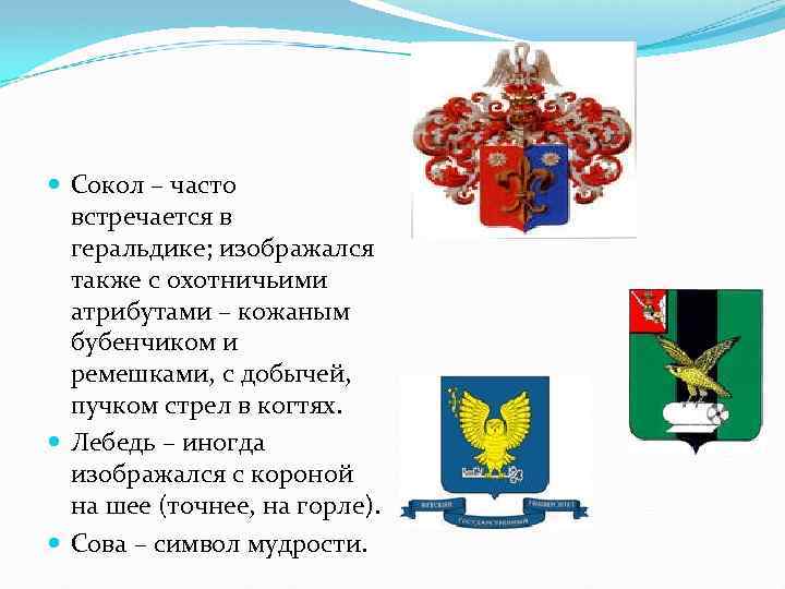  Сокол – часто встречается в геральдике; изображался также с охотничьими атрибутами – кожаным