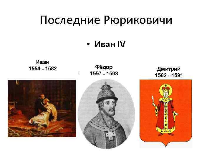 Последние Рюриковичи • Иван IV Иван 1554 - 1582 Фёдор 1557 - 1598 Дмитрий