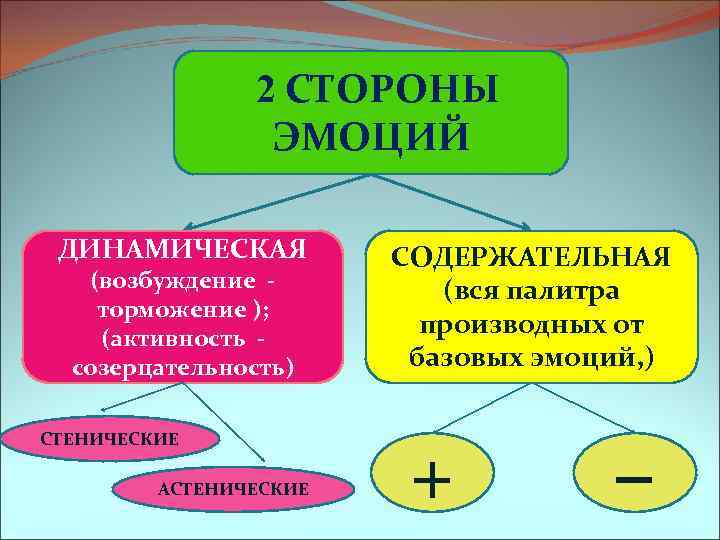 2 СТОРОНЫ ЭМОЦИЙ ДИНАМИЧЕСКАЯ (возбуждение торможение ); (активность созерцательность) СТЕНИЧЕСКИЕ АСТЕНИЧЕСКИЕ СОДЕРЖАТЕЛЬНАЯ (вся палитра