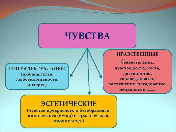 ЧУВСТВА НРАВСТВЕННЫЕ (совесть, вина, ИНТЕЛЛЕКТУАЛЬНЫЕ (любопытство, любознательность, интерес) ЭСТЕТИЧЕСКИЕ чувство долга, честь, достоинство, справедливость;