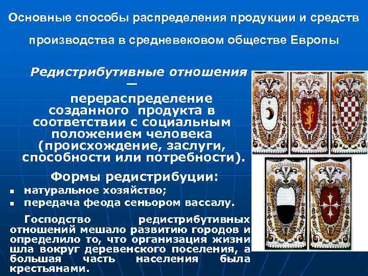 Основные способы распределения продукции и средств производства в средневековом обществе Европы Редистрибутивные отношения —