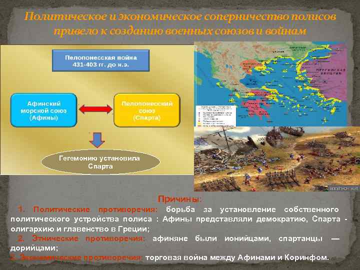 Политическое и экономическое соперничество полисов привело к созданию военных союзов и войнам Гегемонию установила