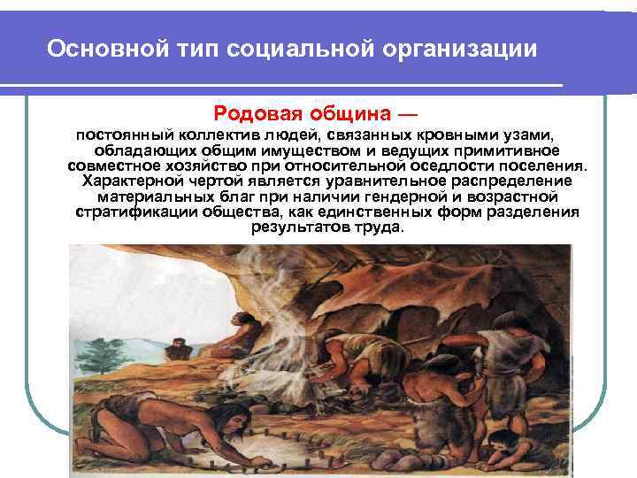 Основной тип социальной организации Родовая община ― постоянный коллектив людей, связанных кровными узами, обладающих