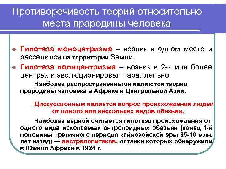 Противоречивость теорий относительно места прародины человека Гипотеза моноцетризма – возник в одном месте и