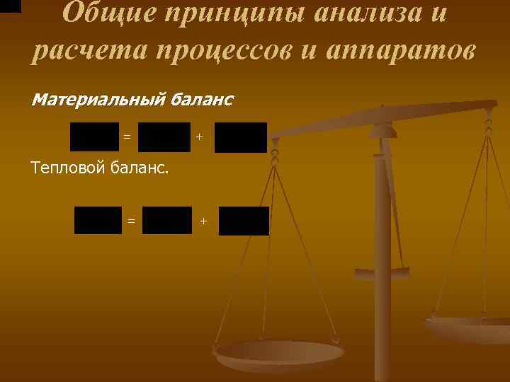 Общие принципы анализа и расчета процессов и аппаратов Материальный баланс = + Тепловой баланс.