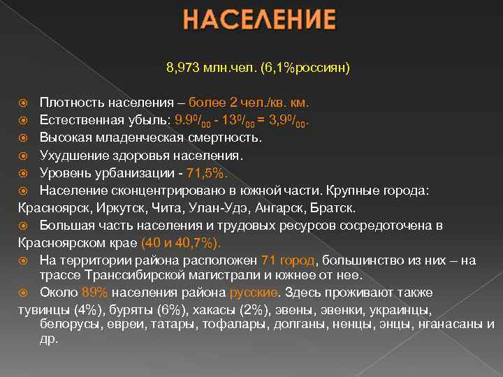 НАСЕЛЕНИЕ 8, 973 млн. чел. (6, 1%россиян) Плотность населения – более 2 чел. /кв.