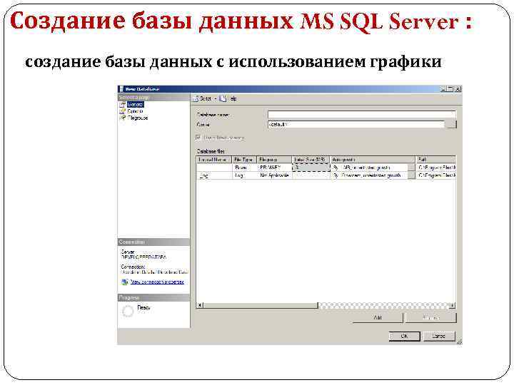 Создание базы данных MS SQL Server : создание базы данных с использованием графики 