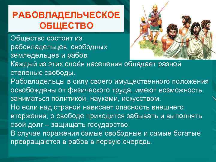 РАБОВЛАДЕЛЬЧЕСКОЕ ОБЩЕСТВО Общество состоит из рабовладельцев, свободных земледельцев и рабов. Каждый из этих слоёв