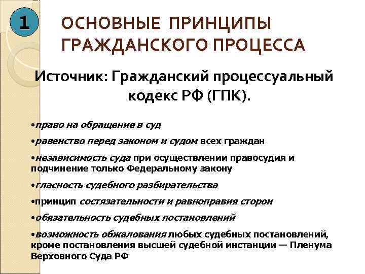 1 ОСНОВНЫЕ ПРИНЦИПЫ ГРАЖДАНСКОГО ПРОЦЕССА Источник: Гражданский процессуальный кодекс РФ (ГПК). • право на