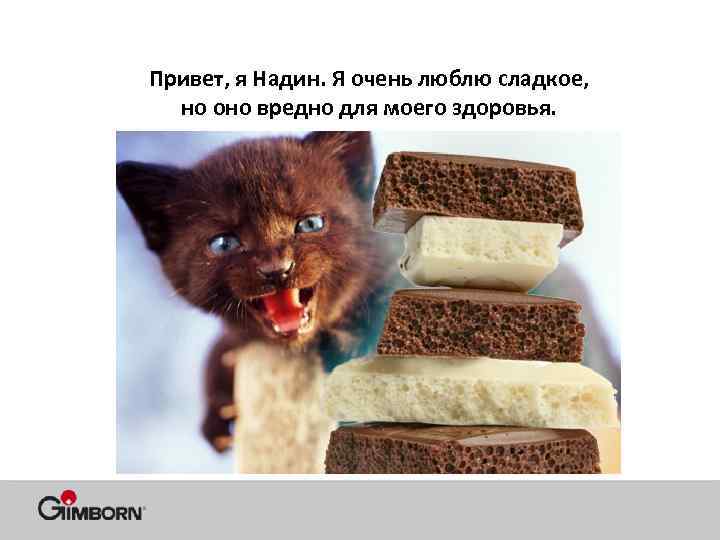 Привет, я Надин. Я очень люблю сладкое, но оно вредно для моего здоровья. 