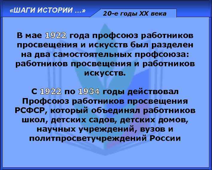  «ШАГИ ИСТОРИИ …» 20 -е годы XX века В мае 1922 года профсоюз