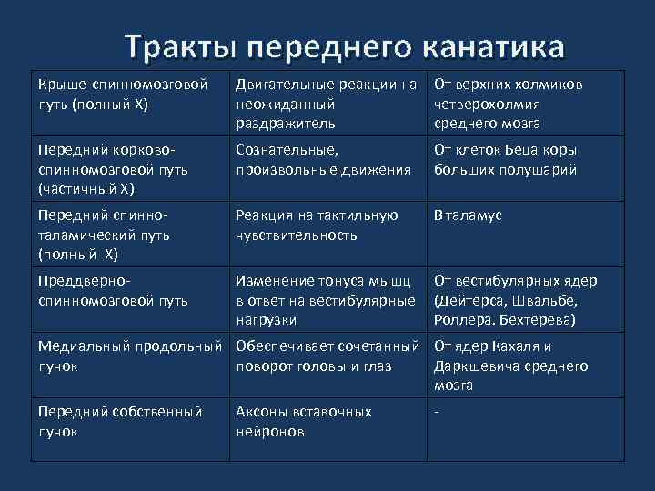 Тракты переднего канатика Крыше-спинномозговой путь (полный X) Двигательные реакции на От верхних холмиков неожиданный