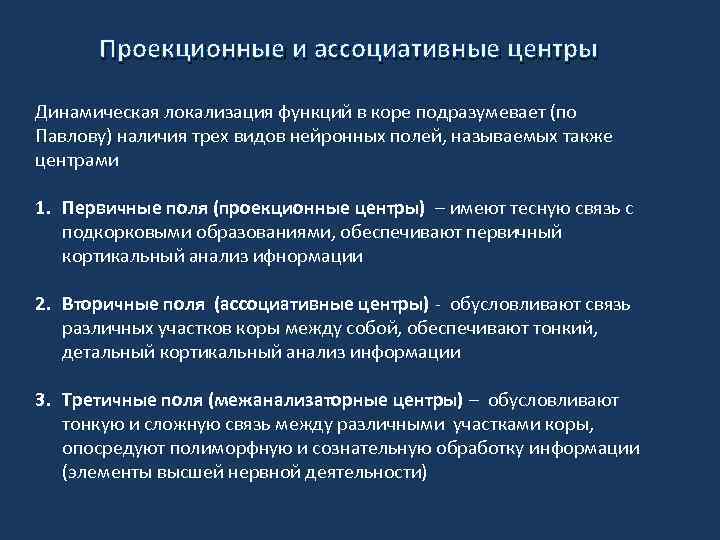 Проекционные и ассоциативные центры Динамическая локализация функций в коре подразумевает (по Павлову) наличия трех