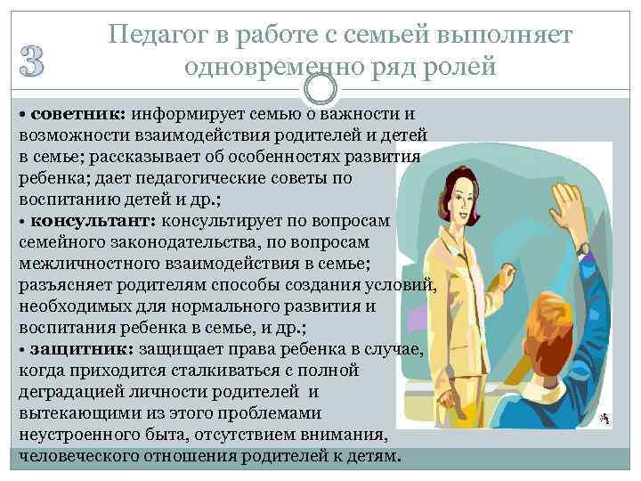 Педагог в работе с семьей выполняет одновременно ряд ролей • советник: информирует семью о