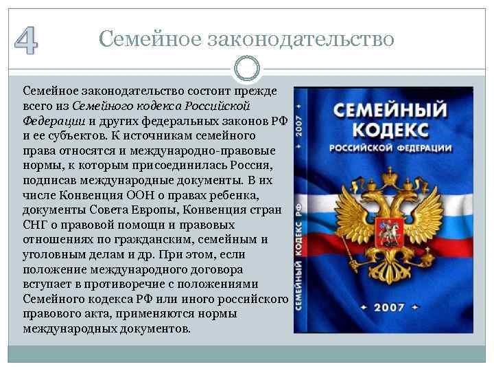 Семейное законодательство состоит прежде всего из Семейного кодекса Российской Федерации и других федеральных законов