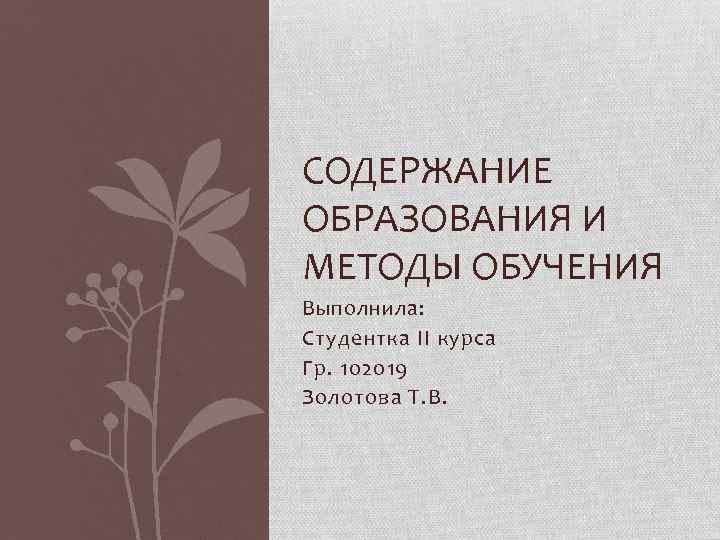 СОДЕРЖАНИЕ ОБРАЗОВАНИЯ И МЕТОДЫ ОБУЧЕНИЯ Выполнила: Студентка II курса Гр. 102019 Золотова Т. В.