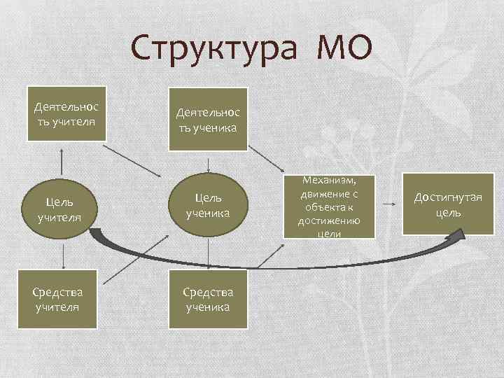 Структура МО Деятельнос ть учителя Деятельнос ть ученика Цель учителя Цель ученика Средства учителя