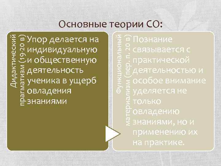 Упор делается на индивидуальную и общественную деятельность ученика в ущерб овладения знаниями Функциональный материализм