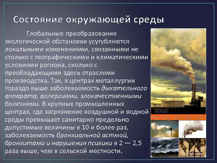 Состояние окружающей среды Глобальные преобразования экологической обстановки усугубляются локальными изменениями, связанными не столько с