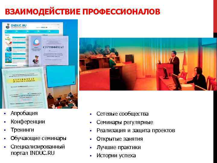 ВЗАИМОДЕЙСТВИЕ ПРОФЕССИОНАЛОВ § Апробация § Сетевые сообщества § Конференции § Семинары регулярные § Тренинги