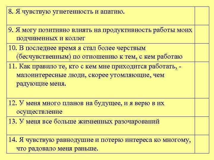 8. Я чувствую угнетенность и апатию. 9. Я могу позитивно влиять на продуктивность работы