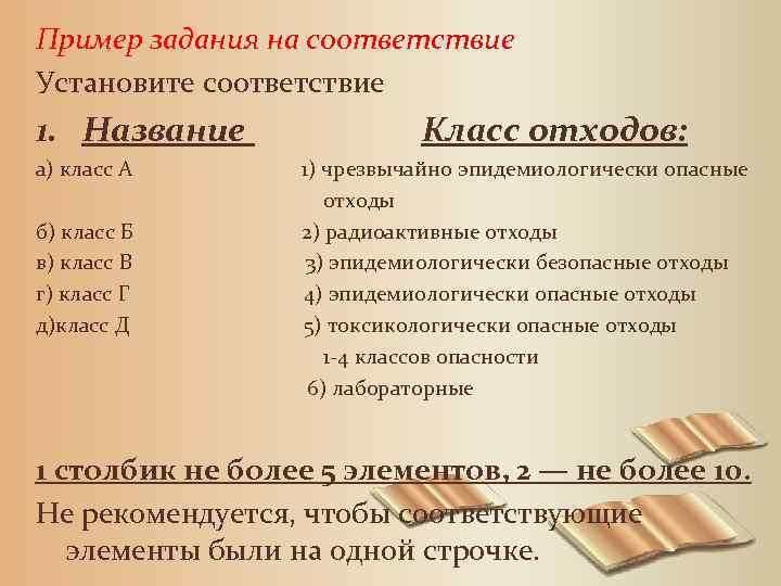 Пример задания на соответствие Установите соответствие 1. Название Класс отходов: а) класс А 1)