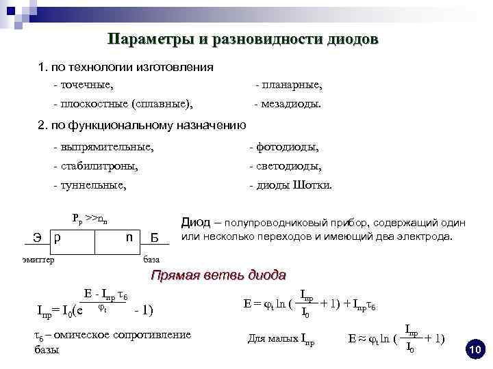 Параметры и разновидности диодов 1. по технологии изготовления - точечные, - планарные, - плоскостные