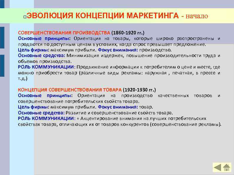ЭВОЛЮЦИЯ КОНЦЕПЦИИ МАРКЕТИНГА начало СОВЕРШЕНСТВОВАНИЯ ПРОИЗВОДСТВА (1860 -1920 гг. ) Основные принципы: Ориентация на