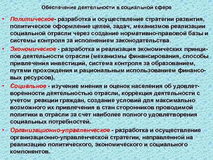 Обеспечение деятельности в социальной сфере • Политическое- разработка и осуществление стратегии развития, политическое оформление