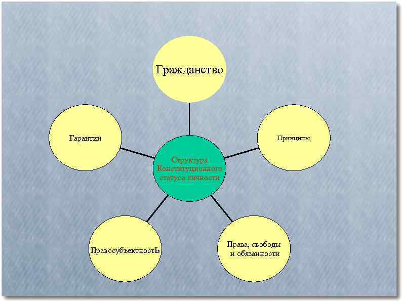 Гражданство Гарантии Принципы Структура Конституционного статуса личности Правосубъектность Права, свободы и обязанности 