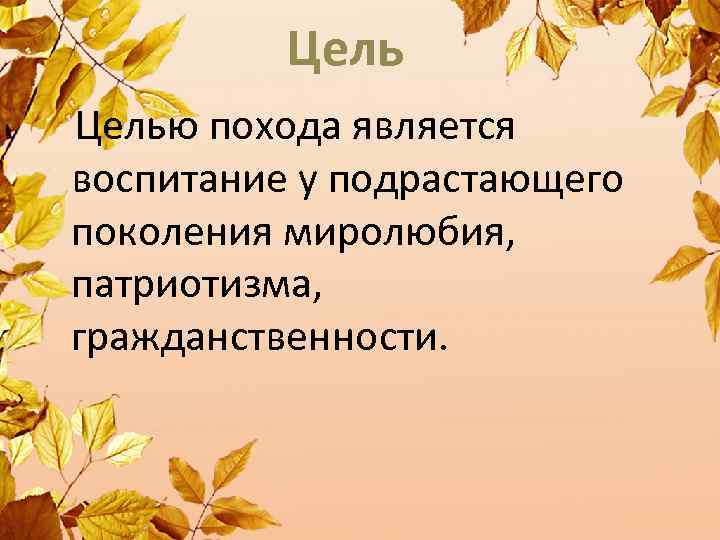 Цель Целью похода является воспитание у подрастающего поколения миролюбия, патриотизма, гражданственности. 