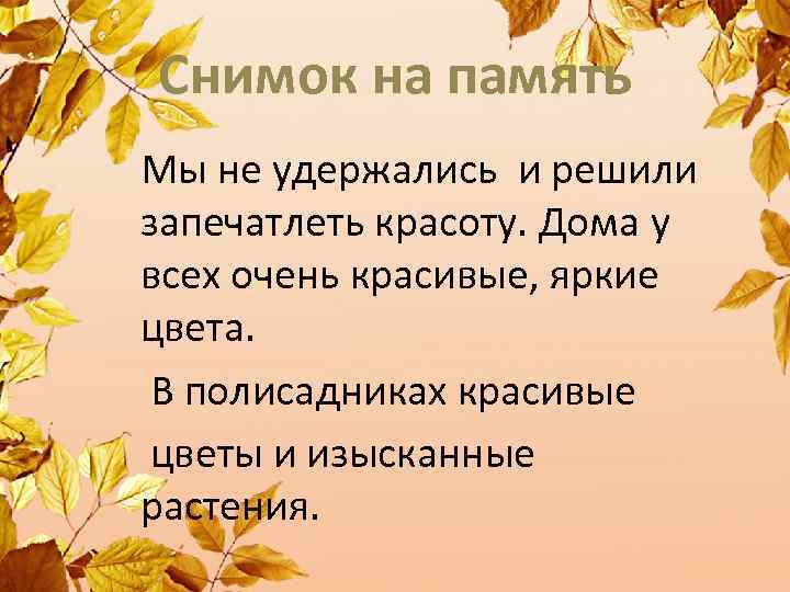 Снимок на память Мы не удержались и решили запечатлеть красоту. Дома у всех очень