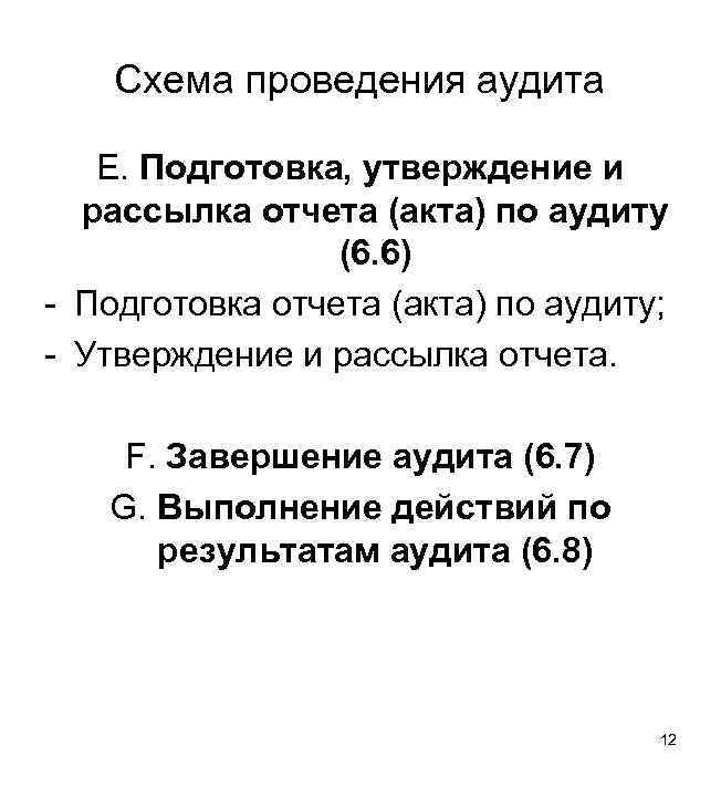 Схема проведения аудита Е. Подготовка, утверждение и рассылка отчета (акта) по аудиту (6. 6)