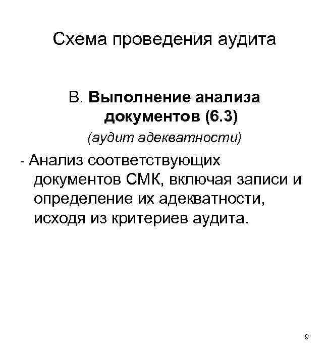 Схема проведения аудита В. Выполнение анализа документов (6. 3) (аудит адекватности) - Анализ соответствующих