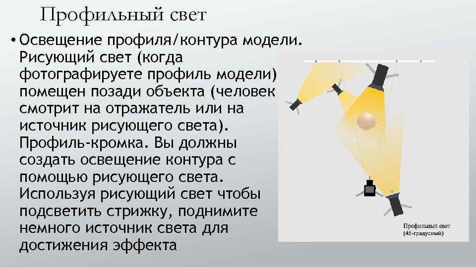 Профильный свет • Освещение профиля/контура модели. Рисующий свет (когда фотографируете профиль модели) помещен позади