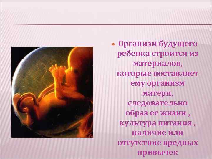  Организм будущего ребенка строится из материалов, которые поставляет ему организм матери, следовательно образ