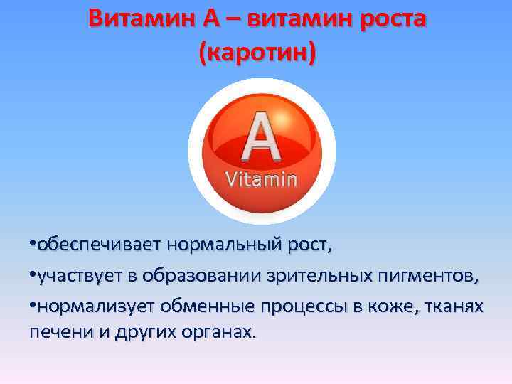 Витамин А – витамин роста (каротин) • обеспечивает нормальный рост, • участвует в образовании