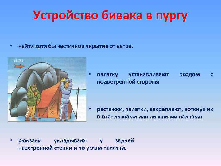 Устройство бивака в пургу • найти хотя бы частичное укрытие от ветра. • палатку