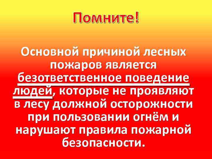 Помните! Основной причиной лесных пожаров является безответственное поведение людей, которые не проявляют в лесу